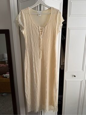 Lace-Detail Cream Midi Dress with Lace-Up Front